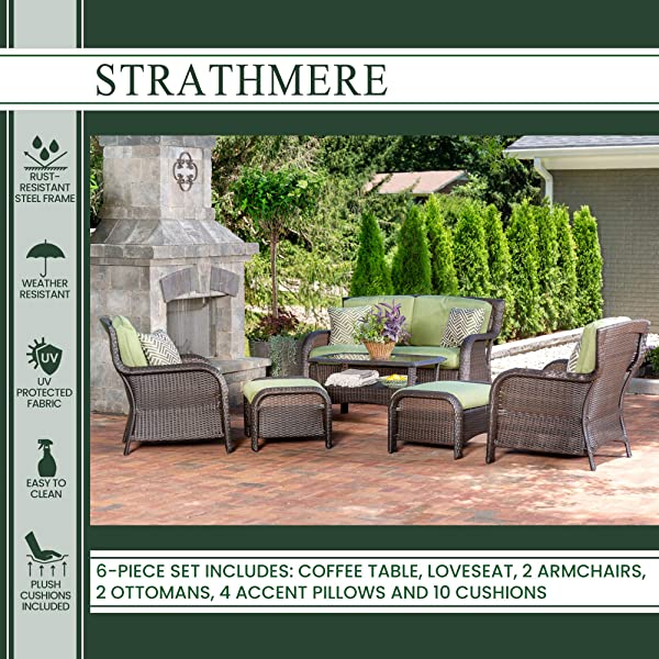 Hanover Strathmere 6-Piece Outdoor Patio Conversation Set, 2 Side Chairs with Ottomans, Loveseat and Tempered Glass Coffee Table, with Hand-Woven Wicker and Thick Cilantro Green Cushions, STRATHMERE6PC