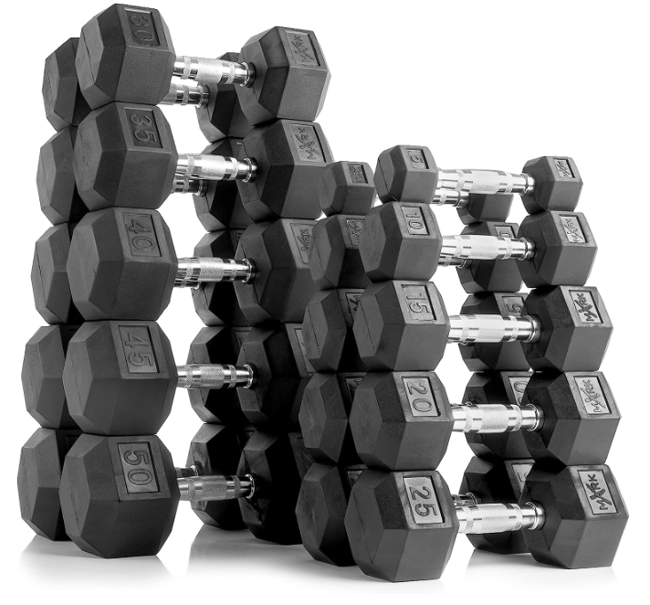 · XMark Rubber Hex Dumbbell Weight Sets, 380 lb to 550 lb Dumbbell Sets With Dumbbell Storage Rack.
