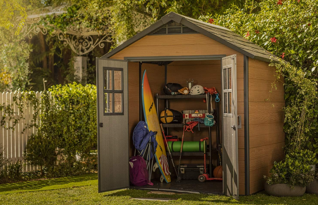 KETER Newton 7.5x7 Large Resin Outdoor Storage Shed Kit – Perfect to Store Patio Furniture, Garden Tools, Bike Accessories, and Lawn Mower, Mahogany Brown