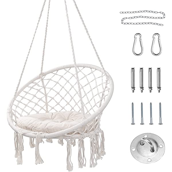 HBlife Hammock Chair, Hanging Swing with Macrame and Cushion, Max 330 Lbs, Beige Hanging Cotton Rope Chair for Indoor, Outdoor, Bedroom, Patio, Yard, Deck, Garden, Porch