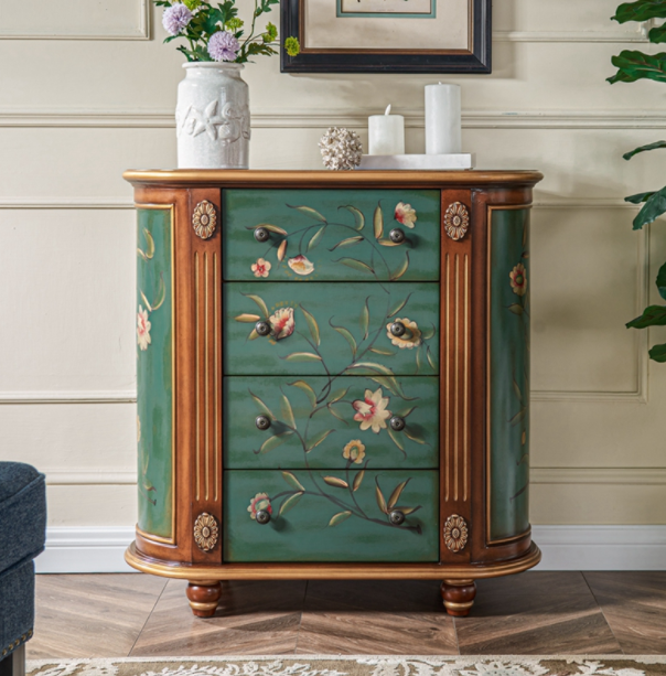 Entrance cabinet solid wood chest of drawers American country side cabinet drawer storage cabinet oval art painted retro complete
