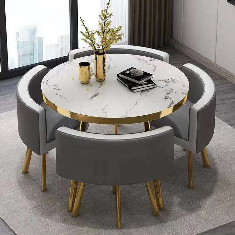 FAVORABLE SPACE SAVING MINI DINING TABLE SET 4 CHAIRS WITH MDF ROUND COFFEE TABLE METAL LEGS BALCONY HOME FURNITUR